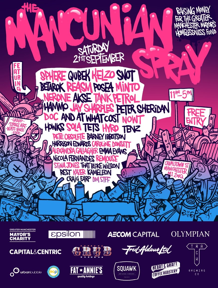 MANCUNIAN SPRAY IS BACK  

Courtesy of our friends at <a href="/CapitalCentric/">CAPITAL&CENTRIC</a> 

50 Street Artists Battling it out raising funds for @GMMayorsCharity in support of Homelessness 

21st Sept, Chapeltown Street, Manchester #MancunianSpray mancunianspray.co.uk