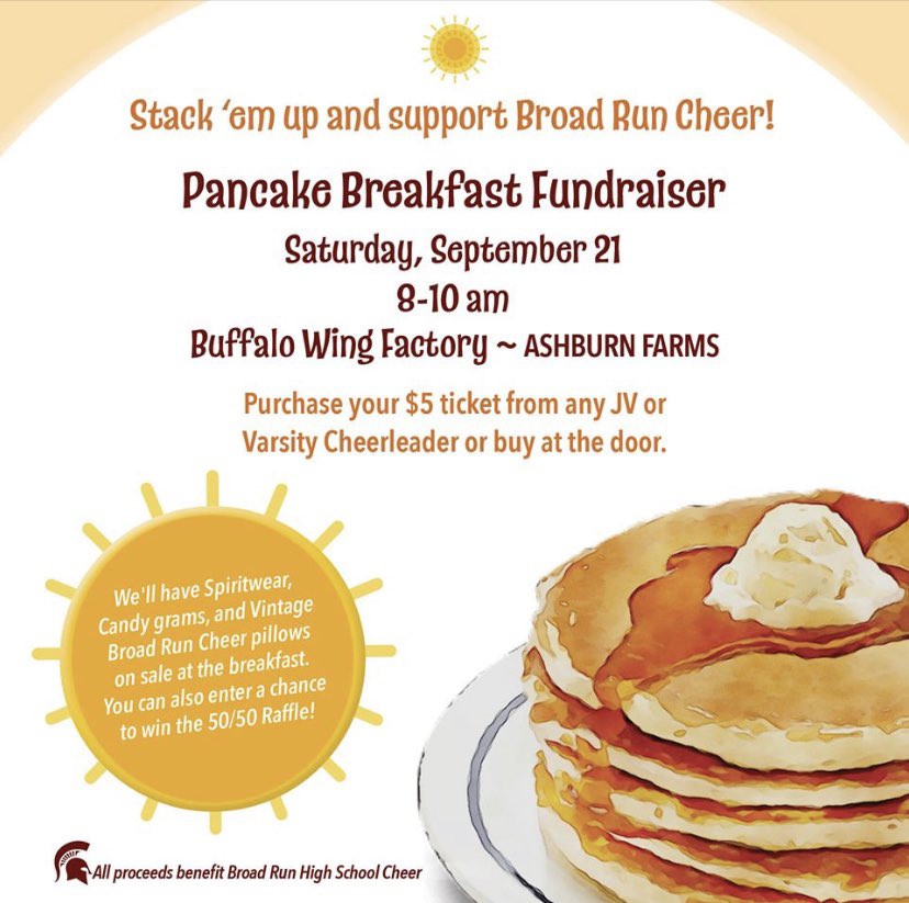 broadruncheer's tweet photo. Come to the Buffalo Wing Factory tomorrow morning and let your Broad Run Cheerleaders serve you a nice Pancake Breakfast 🥞 
All proceeds go the Broad Run Cheerleading Program! https://t.co/yRdHiQWuvh