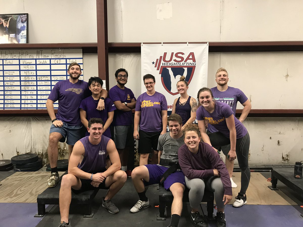 Ecu weightlifting was decked out in all purple this Friday! What a great way to start the weekend. #liftlikeapir8 #snatch #cleanandjerk #ecu #weightlifting #purple #gold