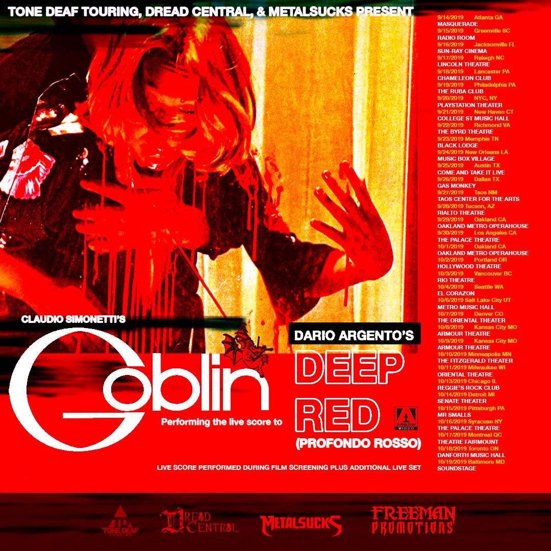 ArrowFilmsVideo's tweet photo. Claudio Simonetti's @GoblinBand are going on tour in the 🇺🇸 performing the live score to Dario Argento's DEEP RED! 🔪

Check out the full tour details and book: https://t.co/r6FF2iRpE8 https://t.co/7STL21bgSI
