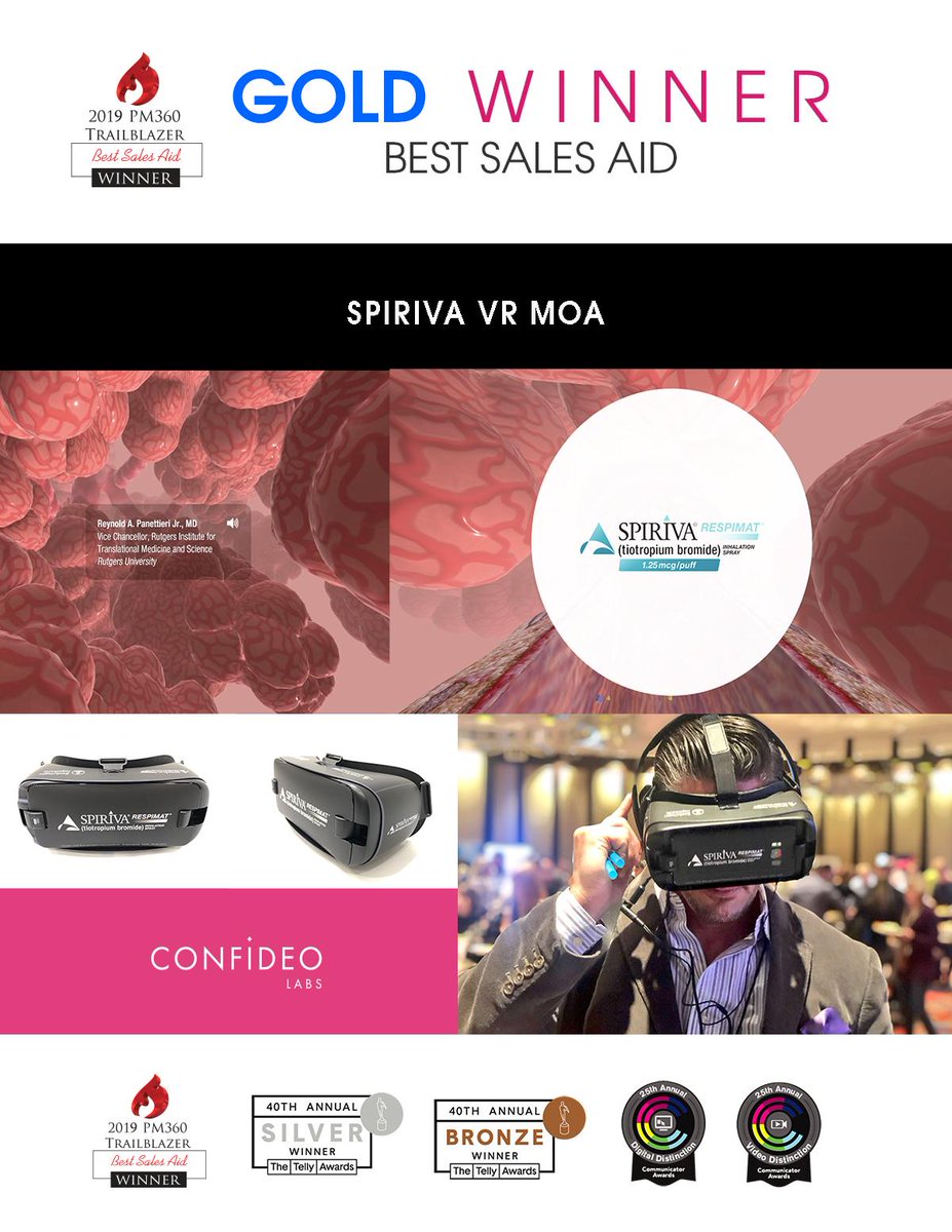 ConfideoLabs's tweet photo. Very proud to announce that our SPIRIVA RESPIMAT 360 VR MOA earned GOLD honors for the BEST SALES AID at the 2019 @PM360online #TrailblazerAwards.

Congrats to all of the winners! 
#VR #AR #MR #Pharma

https://t.co/JBmRAikZjG https://t.co/Wjw23W8wWd
