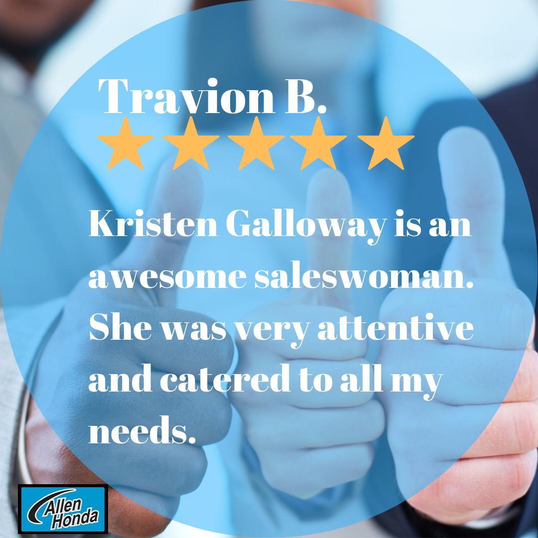 Thank you Travion B. 💙💙💙 Kristen Galloway @ Allen Honda is awesome! Thank you for the 5-star review!!

#happycustomers
#AllenHondaFamily
#Trustintheblue
#awardwinningservice