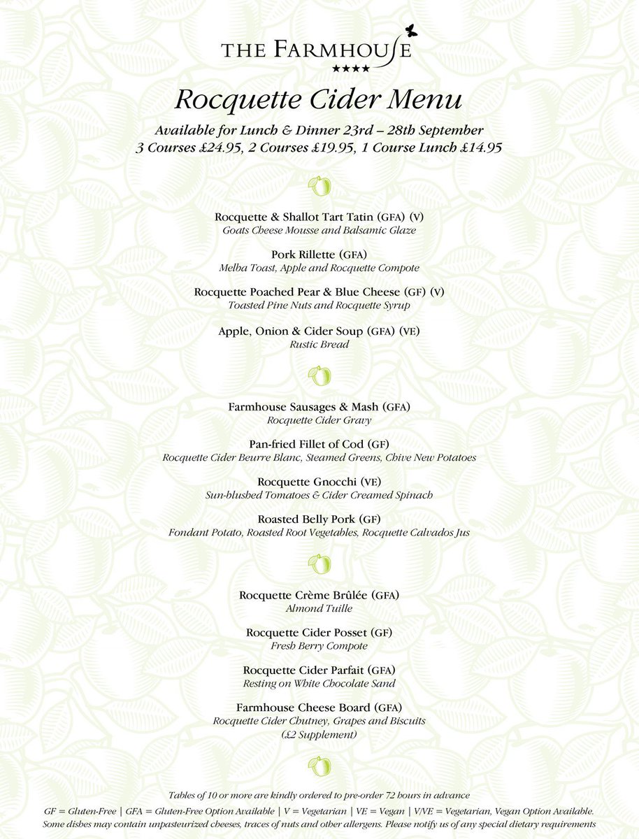 TheFarmhouseGsy's tweet photo. The "Eat, Drink and Be Local" Guernsey food festival is fast approaching and we will be offering a special Rocquette Cider themed menu for lunch &amp; dinner from 23rd - 28th September alongside our full a la carte selection, with heavily discounted overnight rates available. https://t.co/XE7pmcZrCS