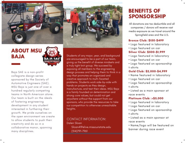 MoStateMET's tweet photo. Looking to sponsor our team? Contact Sloan419@live.missouristate.edu or direct message the page! Sponsorships allow MSU Baja to take the competition to the next level and provide the necessary parts needed to confidently improve our vehicles. https://t.co/CxQU0WKZ0G