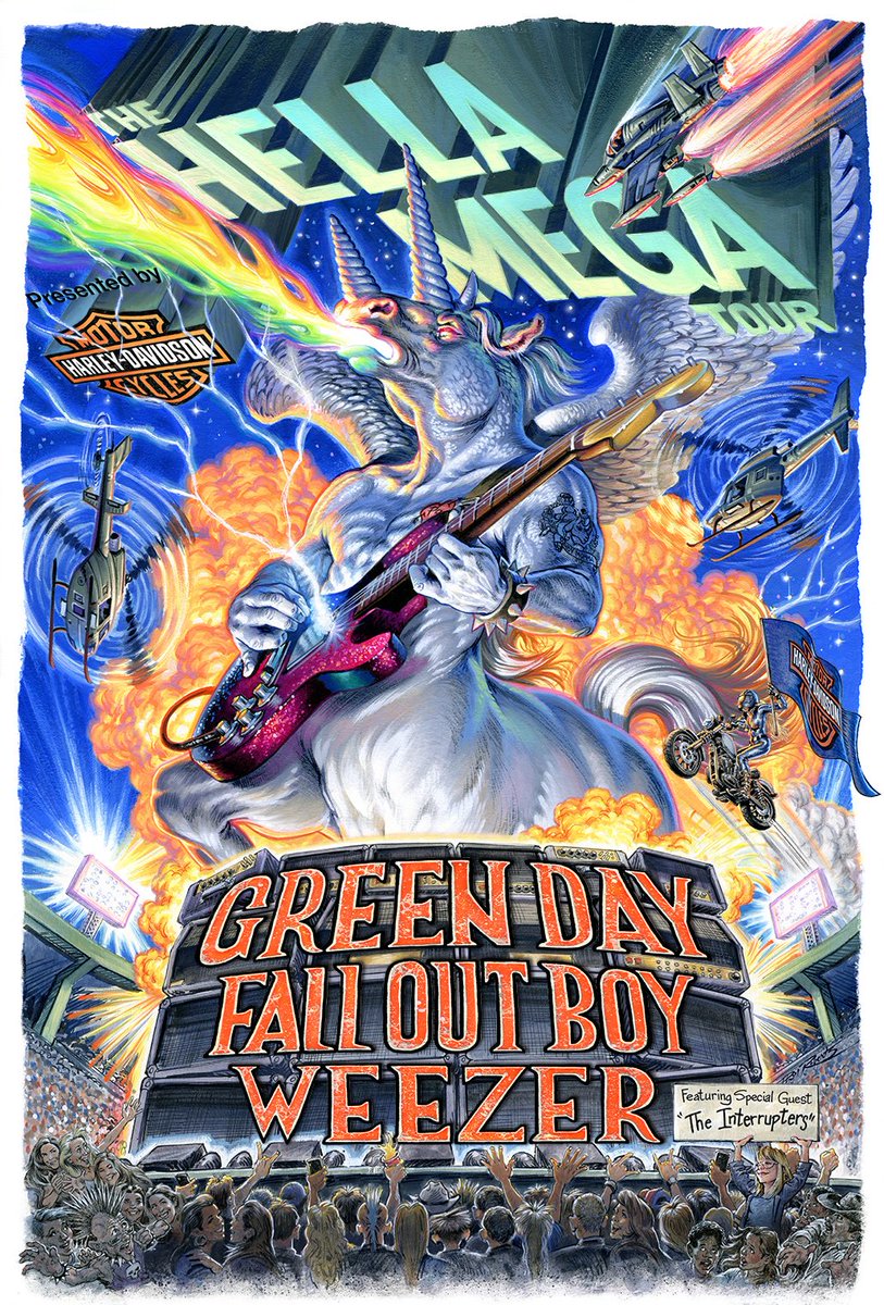 GreenDay's tweet photo. Stop reading this and GOOO get your tickets! The @HellaMegaTour presented by @HarleyDavidson w/ @GreenDay, @FallOutBoy, @Weezer + @Interruptweets is on sale now ➡️ https://t.co/e1YhBPEsQ6 https://t.co/iwNGuSzZel