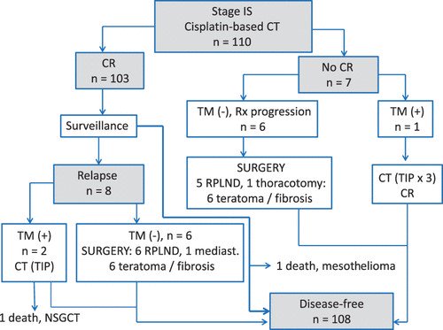 Stage IS #testicularcancer
diagnosed by elevated AFP or HCG
most are GOOD RISK by IGCCCG
95 of 110 men cured with chemo 
108 of 110 disease-free
1 death due to TC
... more tx needed when NOT embryonal predominant
data from Spanish Germ Cell Group
ow.ly/y66S50wfaNf
#tcsm