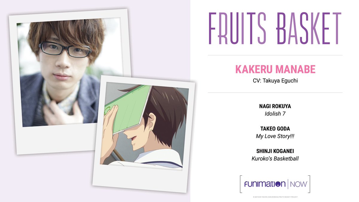 fruitsbasket_en's tweet photo. We're announcing two NEW #Fruba cast members who have never been seen before in anime! 

First up, Kakeru Manabe! Takuya Eguchi will play this role in the Japanese version, and @Aaron__Dismuke joins the cast in the English version! https://t.co/OipRK1rMRK