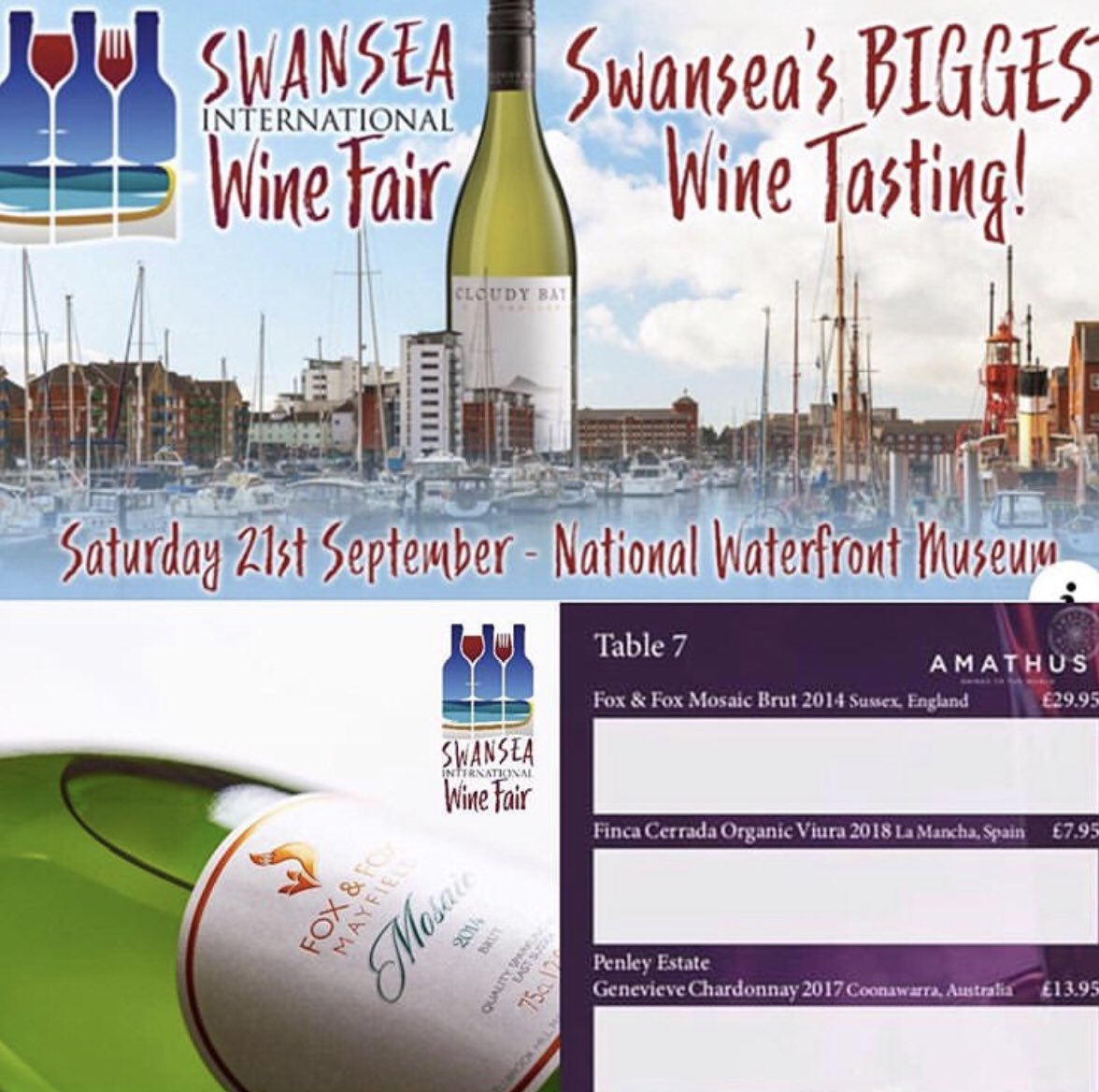 Excited that our wine’s <a href="/swanseawinefair/">Swansea Wine Fair</a> tomorrow.  Please find <a href="/AmathusIan/">Amathusian</a> on table 7 , The  <a href="/AmathusDrinks/">Amathus</a> stand. 
🥂🥂Dyma i chi, gwerin Abertawe 🥂🥂😎