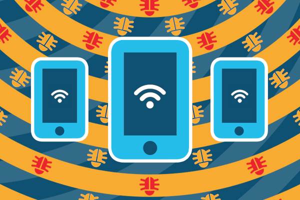 Illustration of three mobile devices on top of a background pattern of curved lines and images of "bugs"