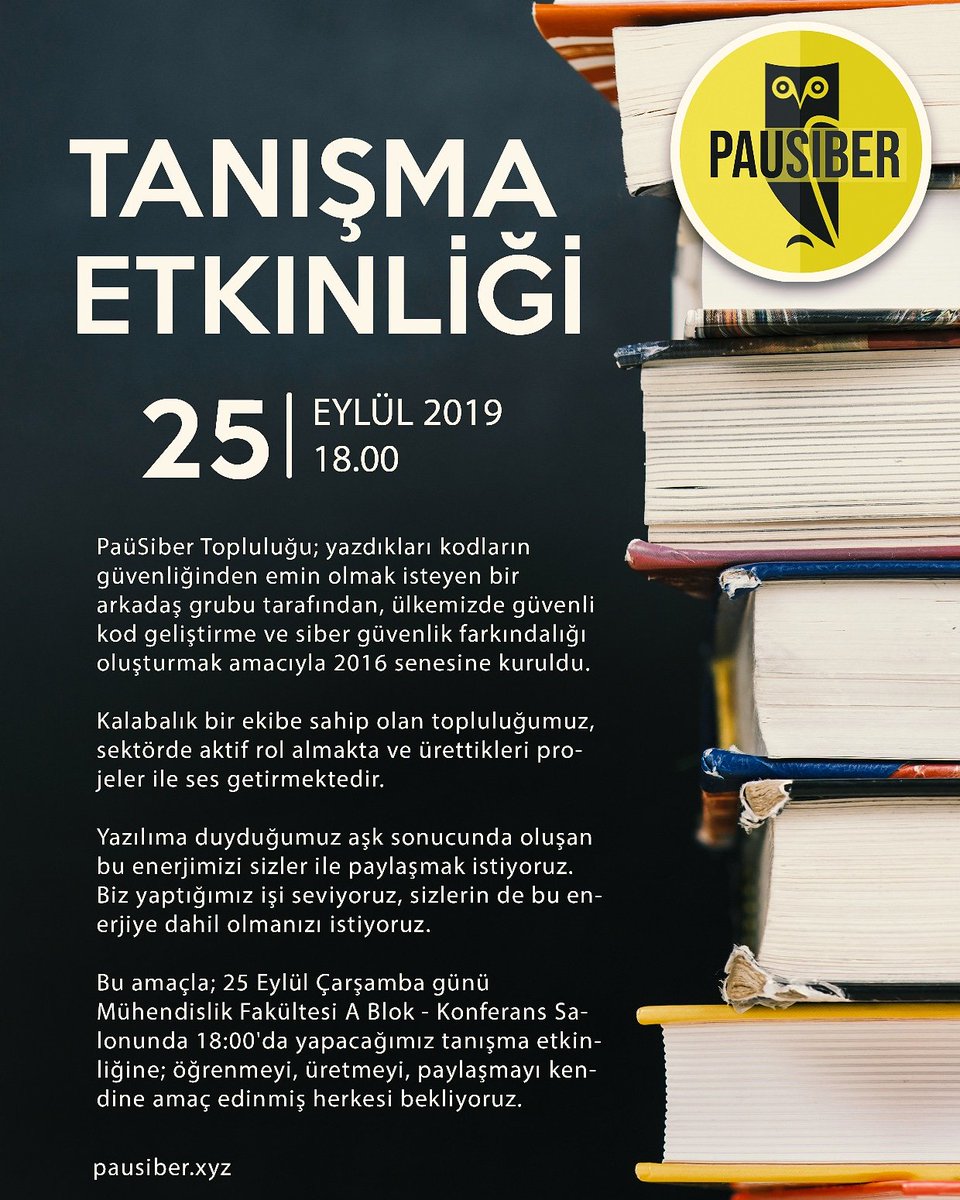25 Eylül Çarşamba günü Mühendislik Fakültesi A Blok - Konferans Salonunda 18:00'da yapacağımız tanışma etkinliğine; öğrenmeyi, üretmeyi, paylaşmayı kendine amaç edinmiş herkesi bekliyoruz. Katılmak için lütfen verilen linkteki formu doldurun 👉 kommunity.com/pausiber/event…