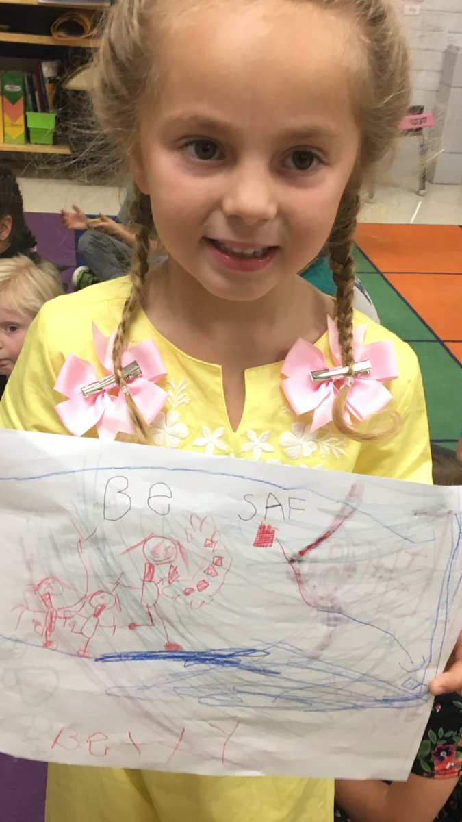 ptucker4299's tweet photo. For this PBIS activity, Betty drew a picture of Principal Tucker announcing a Code Red Lockdown drill. It includes students moving safely to the corner out of sight. Great work Toledo Kindergarteners!@lcsd_avid @LCSD_Oregon @SafetySueGraves @toesboomers #BoomerWay https://t.co/NIWXqtop8r