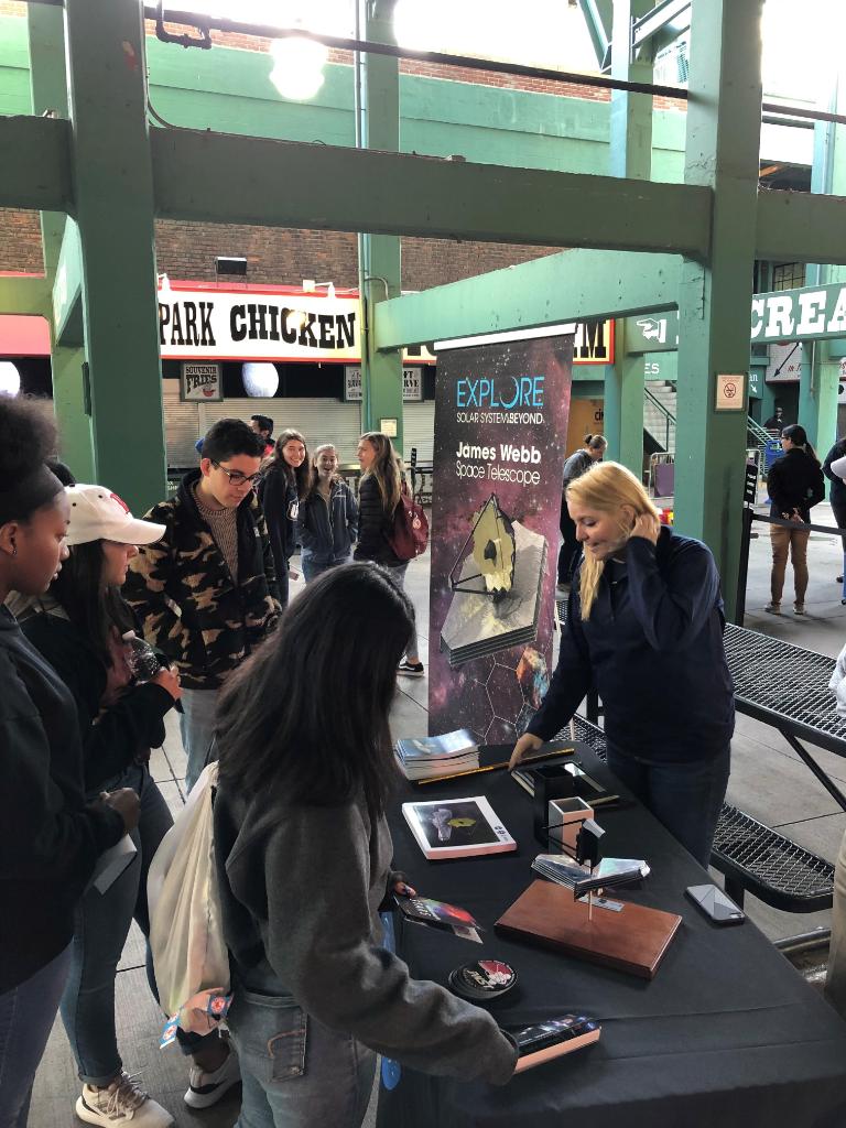 Webb staffers talk to students at the Webb Telescope booth. 