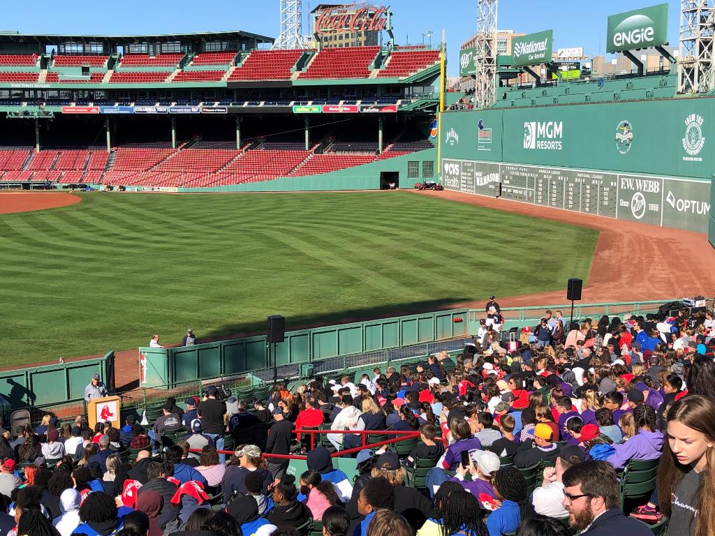 Paul Geithner talks to students at the Red Sox ball park. 