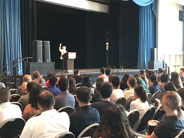 UCLAGradSchool's tweet photo. “Today I want you to think of who you want to be when you leave UCLA.” Happening now, @UCLAgraddean, Dean Robin Garrell is giving her welcome remarks at this year’s New Graduate Student Orientation! Welcome, new graduate students! 💛🐻💙 #GSOUCLA #WelcomeBruins https://t.co/Kz2WFbyEBW