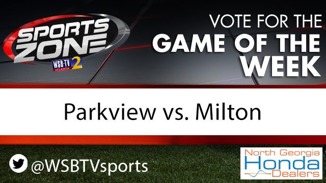 WSBTVsports's tweet photo. Should @wsbtv cover @ParkviewFB vs. @MiltonEagles_FB   
as the Game of the Week on Sept. 27? 
Each RT is 1 vote.             
Vote here too: https://t.co/3E1aFD7yge https://t.co/NK2zgD1MXE