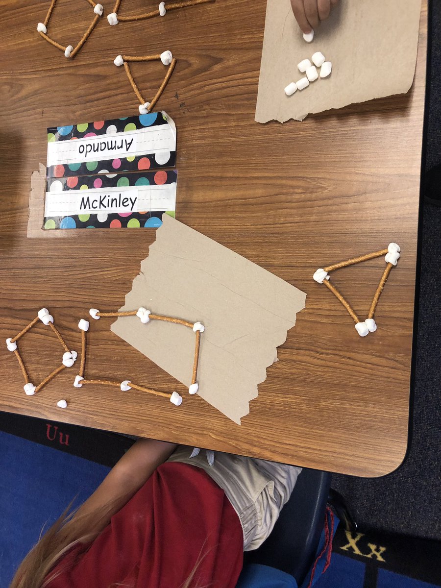 vgarcia632's tweet photo. What do you do when it’s time to teach 2-d shapes? Of course build them with pretzels and marshmallows. I even had a friend use his ideas and build a triangle campfire!!!! Brown kindergarten @BrownBuffalos @vgarcia632 @LISDmath https://t.co/kr7L3zWosZ