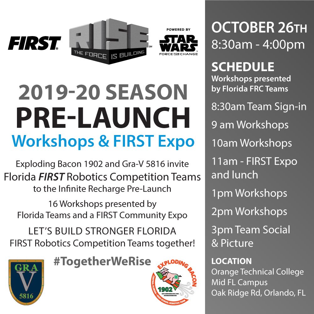 FRCBacon1902's tweet photo. FL FIRST Robotics Competition Teams
Mark your calendars and join us &amp; @frc5816 
October 26th
Watch email for information to RSVP. 
DM us with your Questions
🚀Let’s build stronger Florida FIRST Robotics Competition Teams together!
#INFINITERECHARGE #omgrobots
#TogetherWeRise https://t.co/A3cZqHdUJL