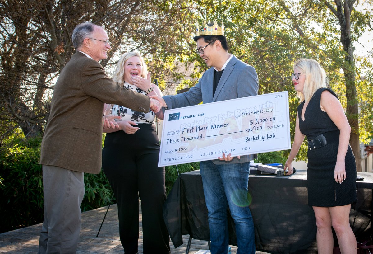 BerkeleyLab's tweet photo. 🎉 Congratulations to our #LabSLAM2019 winner Wenhao Sun! He took home a $3000 check for his clear and concise presentation "Mapping Uncharted Chemical Spaces." #NPAW2019 @BerkeleyPostdoc @witherell_lbnl @sineatrix #scicomm https://t.co/TPdeFg7AqT