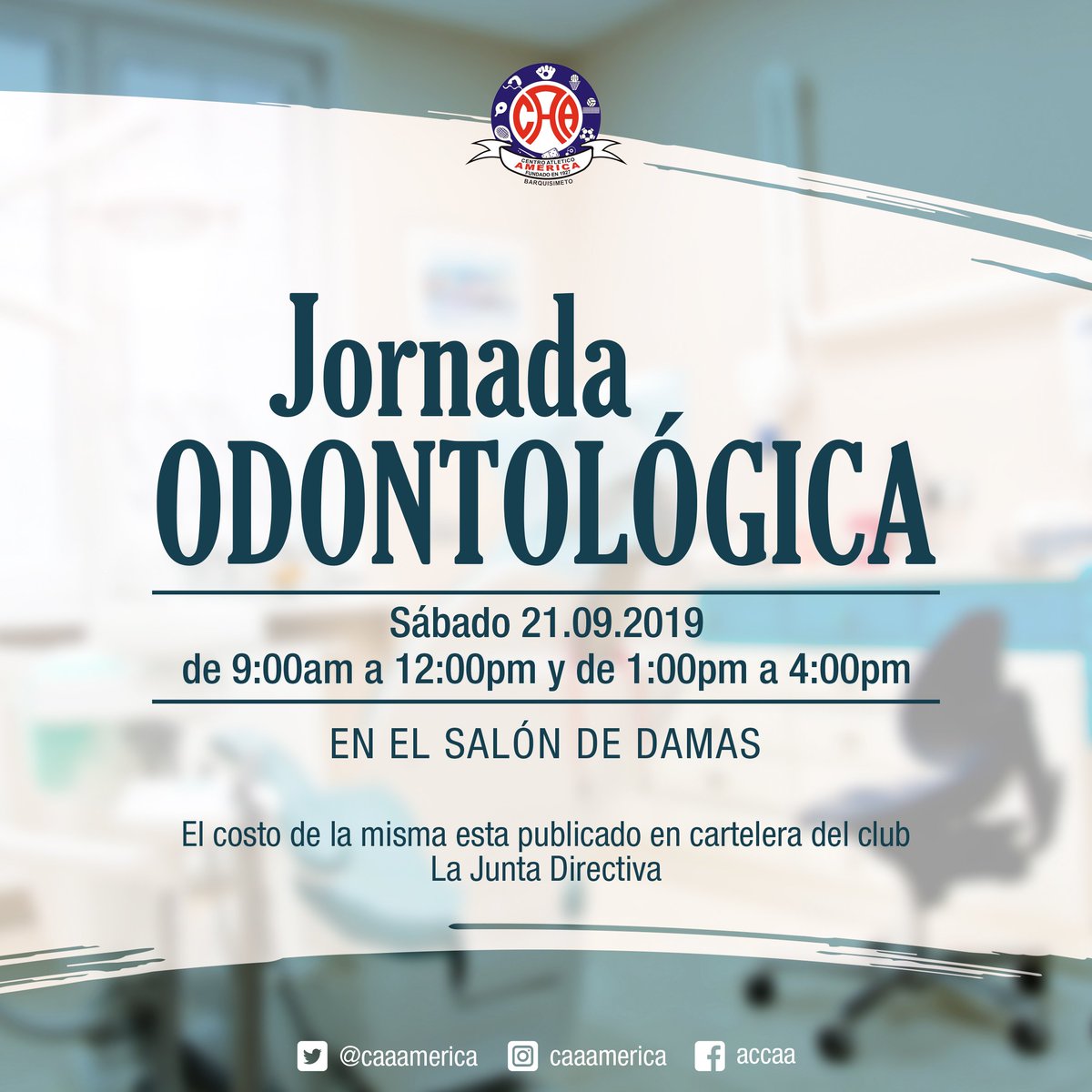 CAAAMERICA's tweet photo. Invitamos a todos nuestros asociados, mañana sábado 21 de septiembre, al segundo día de Jornada Odontológica! A realizarse en el salón de damas, de 9:00am a 12:00m y de 1:00pm a 4:000pm https://t.co/dvg0oyrnwS