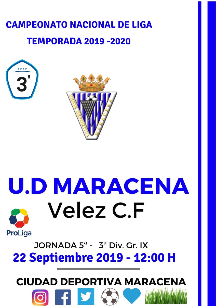 ⚽¡ PRÓXIMO PARTIDO DE LIGA !  ⚽

El Domingo  tenemos que volver a llenar la Ciudad Deportiva , para apoyar a nuestro equipo,  tras 2 duras derrotas consecutivas

🆚Velez C.F  <a href="/VELEZCFoficial/">Vélez Club de Fútbol</a> 

📅Domingo , 22/09    ⏱12:00
🏟Ciudad Deportiva Maracena

#VamosMaracena