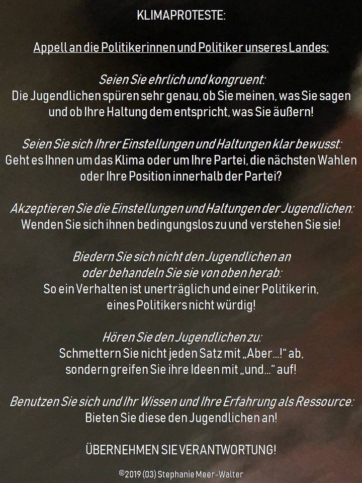 KLIMAPROTESTE: APPELL AN DIE POLITIKERINNEN UND POLITIKER
#Klima #Klimaprotest #Appell #Politiker #Verantwortung #Fridayforfurture