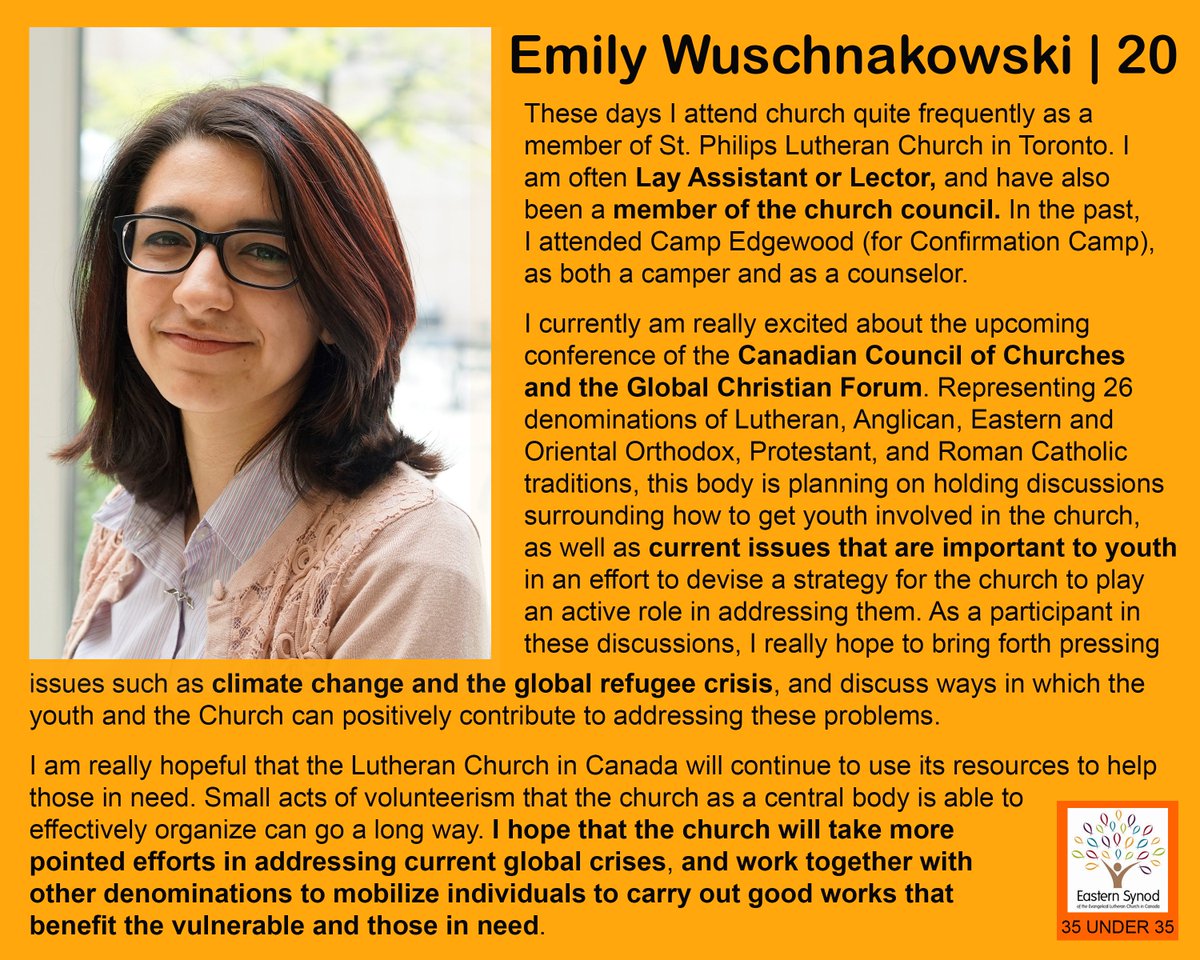 Emily: the *50th* featured YA!

Emily is leading the church in addressing issues that are important to Y/YAs -like climate change &amp; the global refugee crisis- at the upcoming <a href="/CCC_CCE/">Cdn Council Churches</a> &amp; <a href="/GCF_FCM/">Global Christian Forum</a> conference. How will we mobilize &amp; work?

A MUST READ! #35Under35 #myELCIC #rftfuture