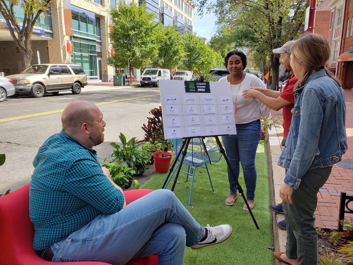 Hey! <a href="/NationalASLA/">American Society of Landscape Architects</a> and LAI will be out here all day. We have giant jenga and jeopardy - come test your knowledge! #ParkingDay2019 #parklet #landscapearchitecture