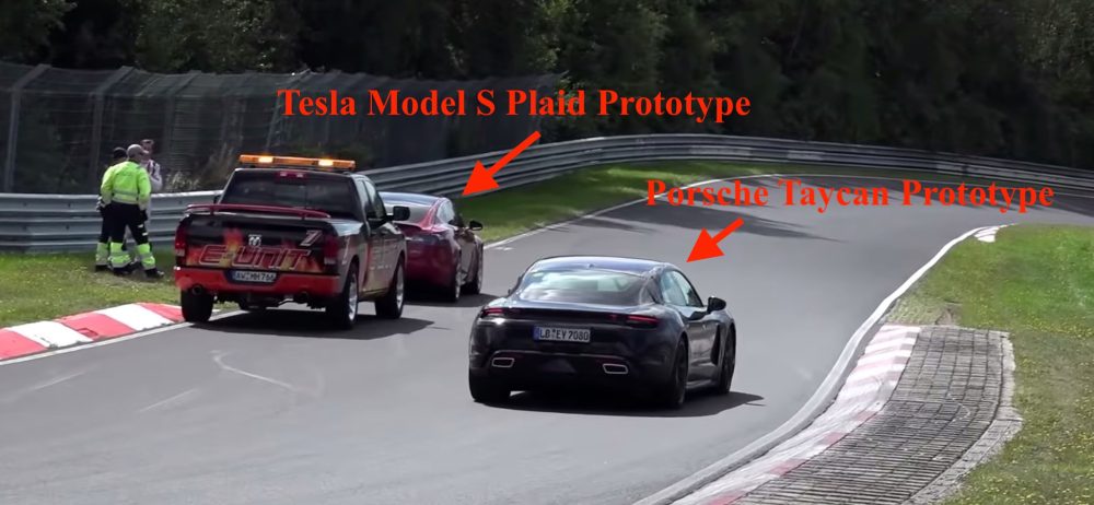 ElectrekCo's tweet photo. Tesla Model S prototype breaks down, Porsche Taycan drives by, and TSLA short go crazy https://t.co/sCGoRucVbW by @fredlambert https://t.co/4meuYYTBSP