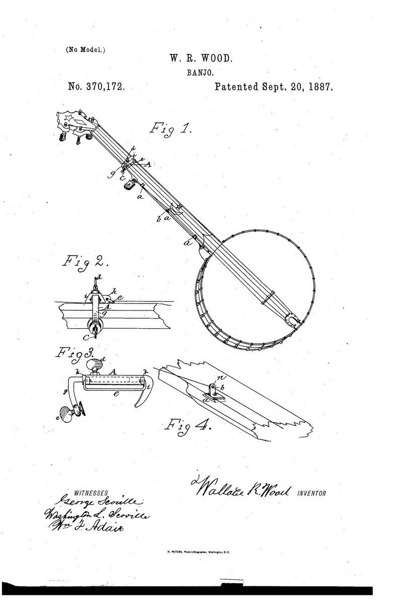 AdamMossoff's tweet photo. On this date in the history of the #creative industries: Wallace Wood receives a #patent in 1887 for his #invention of new banjo (modern 5-string banjo first invented by Joel Walker Sweeney sometime in the 1800s) #InnovationIsCreative #CreativityIsInnovative #PatentsMatter @uspto https://t.co/zfiakZZZ2c