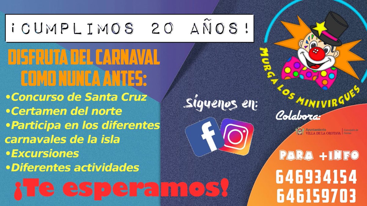 MurgaTrinkosos's tweet photo. Si eres aún menor, te gusta el carnaval y quieres vivir este año una experiencia diferente, además de participar en multitud de actividades, aún puedes formar parte de la gran familia minivirgues, no lo dudes y súmate a la cantera de La Orotava.
#Minivirgues #LaOrotava https://t.co/0Y9phWraSM