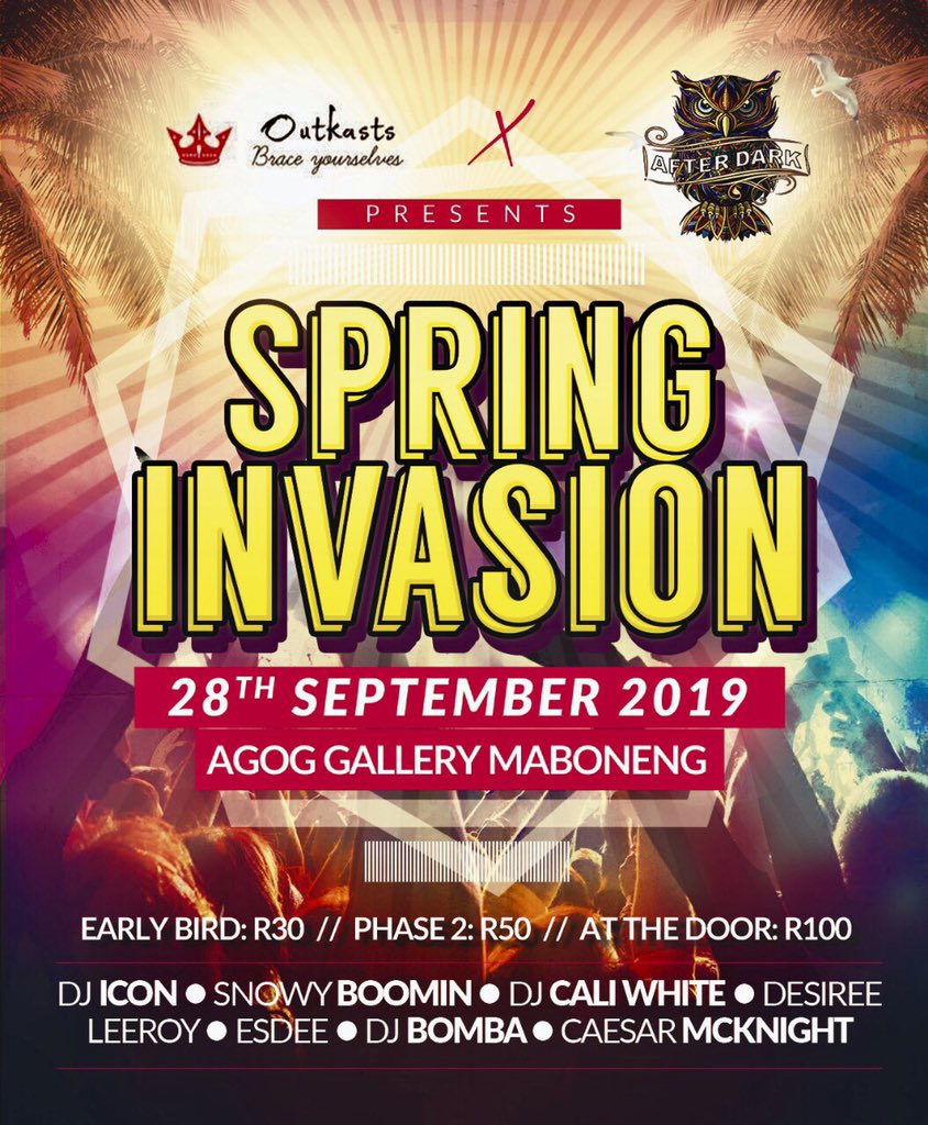 outkastsgroup's tweet photo. THE COUNTDOWN BEGINS #SPRINGINVASION βοΈπ π¦- YOU DONT WANT TO MISS THE MOST LIT ROOFTOP PARTY βΌοΈβΌοΈ | PRE-SOLD TICKETS OUT NOW @ R50.00 #POSITIVEVIBRATIONSONLY https://t.co/0a9Cj8RIHf