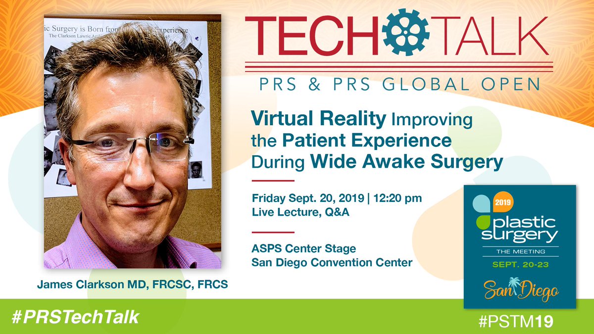 prsjournal's tweet photo. The 1st #PRSTechTalk of #PSTM19 starts at 12:20 pm TODAY, Friday Sept 20!
Come for Dr. Clarkson’s talk on "#VirtualReality Improving the Patient Experience during #WideAwakeSurgery."
STAY for the Q&A & a chance to win a $100 Amazon Gift Card from #PRSJournal & #PRSGlobalOpen https://t.co/pnrIbY5unr