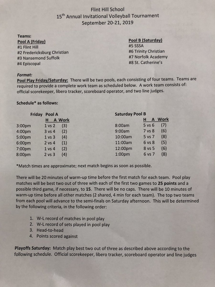 Here is the schedule for today’s Flint Hill Annual Invitational Volleyball Tournament