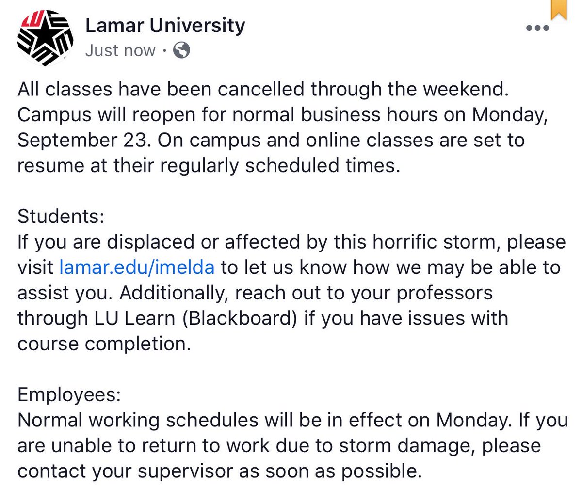 LamarUniversity's tweet photo. All classes have been cancelled through the weekend. Campus will reopen for normal business hours on Monday, Sept 23. On campus and online classes are set to resume at their regularly scheduled times.  More info https://t.co/RWPRBkJOiv https://t.co/lb29FUvj72