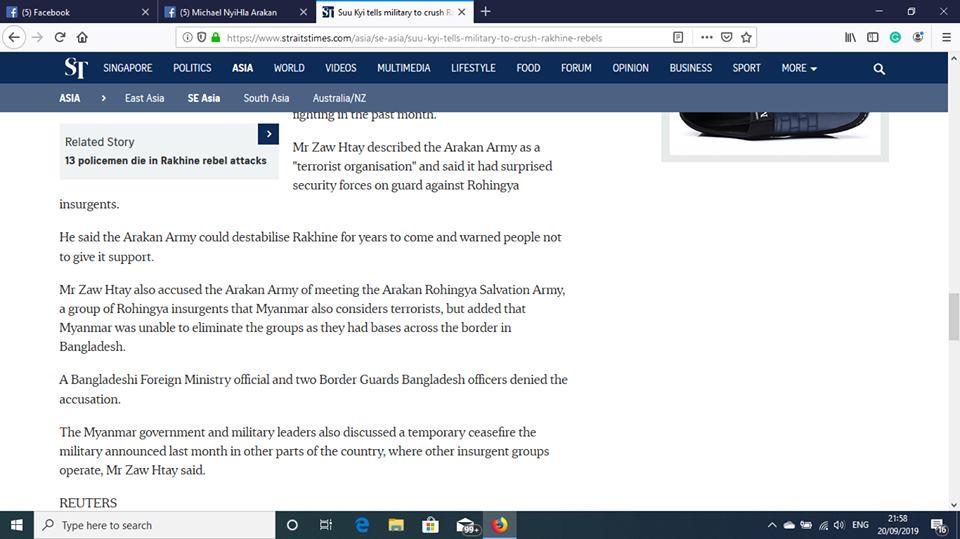 MNyihla's tweet photo. Su Kyi tells military to crush Rakhine rebels by The Straits Times.Published Jan 8, 2019.https://t.co/zJVZkrvxHm 
@UNHumanRights @ICCwatch @ICC @hrw @Refugees @YangheeLeeSKKU @realDonaldTrump @lwin051965 @UN_Spokesperson https://t.co/6ae8jGddm8