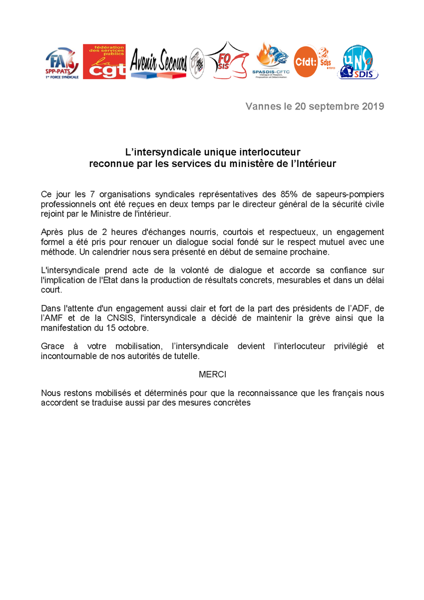 CfdtSdis's tweet photo. L’intersyndicale #CFDTSDIS, @CGTdesSDIS , @FO_SIS , @unsa_sdis , @faspppats FASPP, @AvenirSecours , @pompiers_cftc unique interlocuteur
reconnue par les services du ministère de l’Intérieur.
Une nouvelle victoire mais pas la fin - alors restons mobilisés #GREVESP @PompiersFR https://t.co/vguFYmRhGu