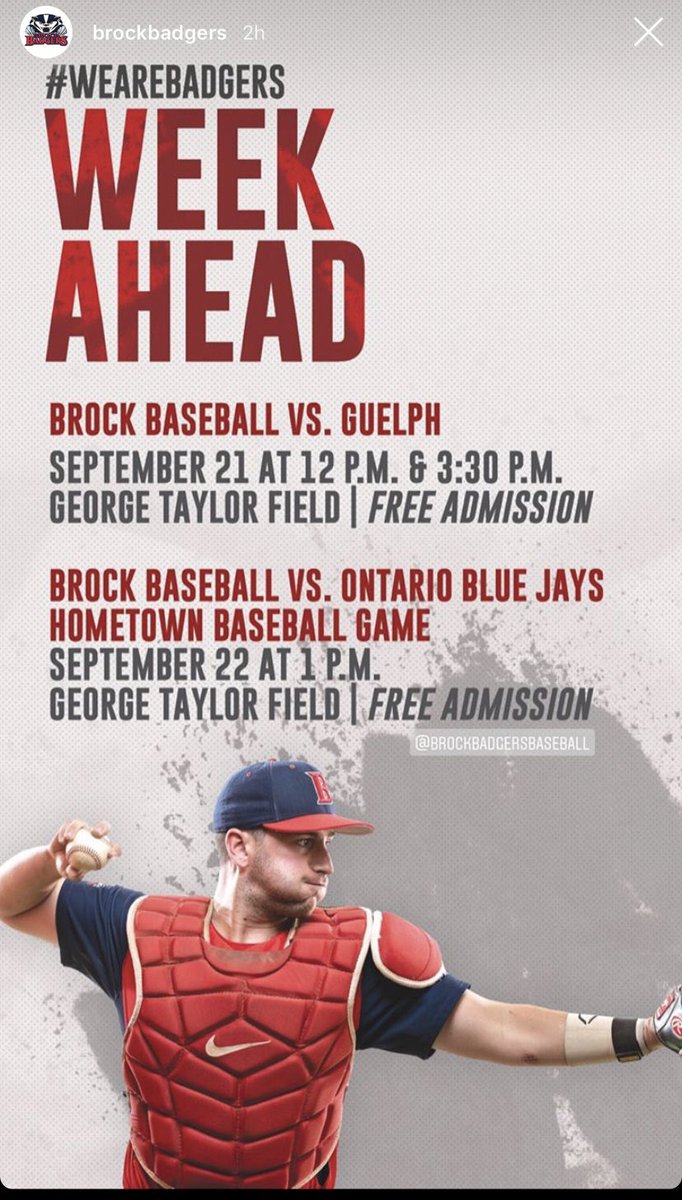 b_underhill2's tweet photo. Come support the boys this weekend for some big games ⚾️ #rollbagders @brockbaseball https://t.co/EBDSV0ovuL