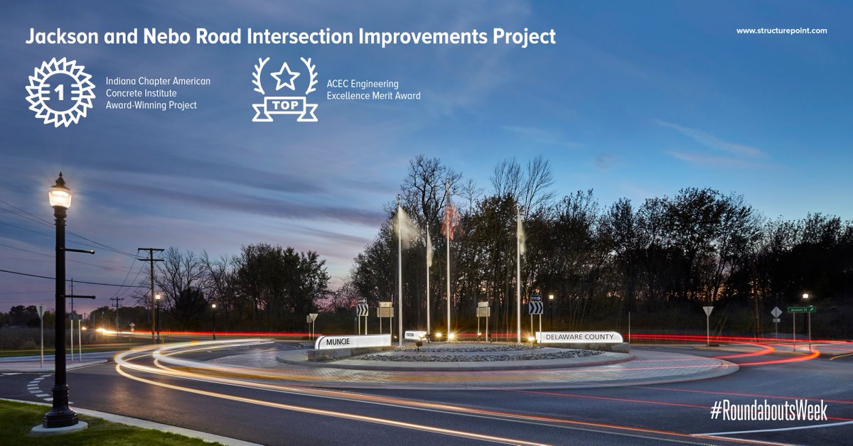 AmericanStrpnt's tweet photo. This $1.35 million project reconstructed a four-way, stop-controlled intersection with a modern roundabout. Located in Delaware County, this roundabout project was recognized by both @ACECIndiana and @ConcreteACI for its successful engineering achievements. #RoundaboutsWeek https://t.co/oI9zcls5UT