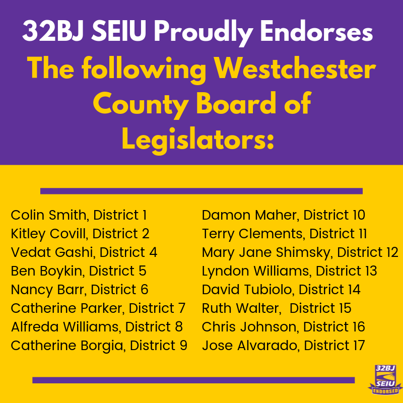 32BJSEIU's tweet photo. 32BJ is proud to endorse these candidates for the Westchester County Board of Legislators @kitleycovill @VoteGashi @ElectNancyBarr @cparkerryeny @damonmaher @DamonLegislator @Terry4CL11 @LegMJShimsky @LegLDWilliams @davidjtubiolo @electruthwalter @HonChrisJohnson @Alvaradofor17 https://t.co/ajUmus3C8I