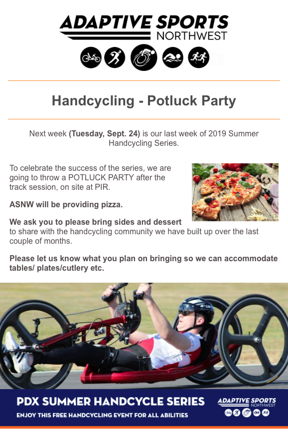 Adaptive Sports NW (@adaptsportsnw) on Twitter photo Please join us for our last handcycling event of the summer at <a href="/portlandraceway/">Portland Intl Raceway</a> !
Next Tuesday, Sept. 24 at 4.30PM! Please join us for our last handcycling event of the summer at <a href="/portlandraceway/">Portland Intl Raceway</a> !
Next Tuesday, Sept. 24 at 4.30PM!