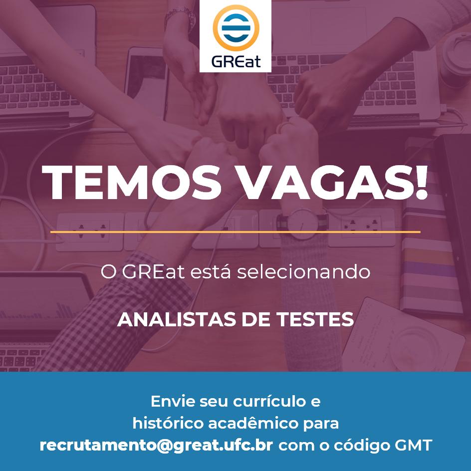 GREat_UFC's tweet image. O GREat está selecionando ANALISTAS DE TESTES
Informações: lnkd.in/eqjJxb2
Aguardamos seu currículo até 27/09.
#vagasfortaleza #analistadetestes #tester #automacaodetestes