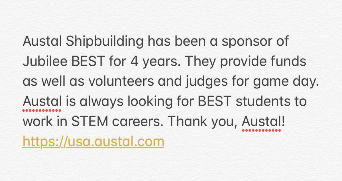 jubileebest's tweet photo. Thank you, Austal!! @Austal_USA #JubileeBEST2019 #BESTRobotics2019 https://t.co/EdGOihZBbV
