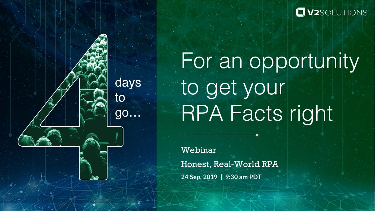 Learn how your peers are achieving RPA success in their organizations. In our latest webinar, get a detailed walkthrough of 6 successful RPA use cases – the challenges and the victories. Register Now. v2solutions.page.link/WebinarT

#rpa #automation #webinar #RPASuccess #RPATips