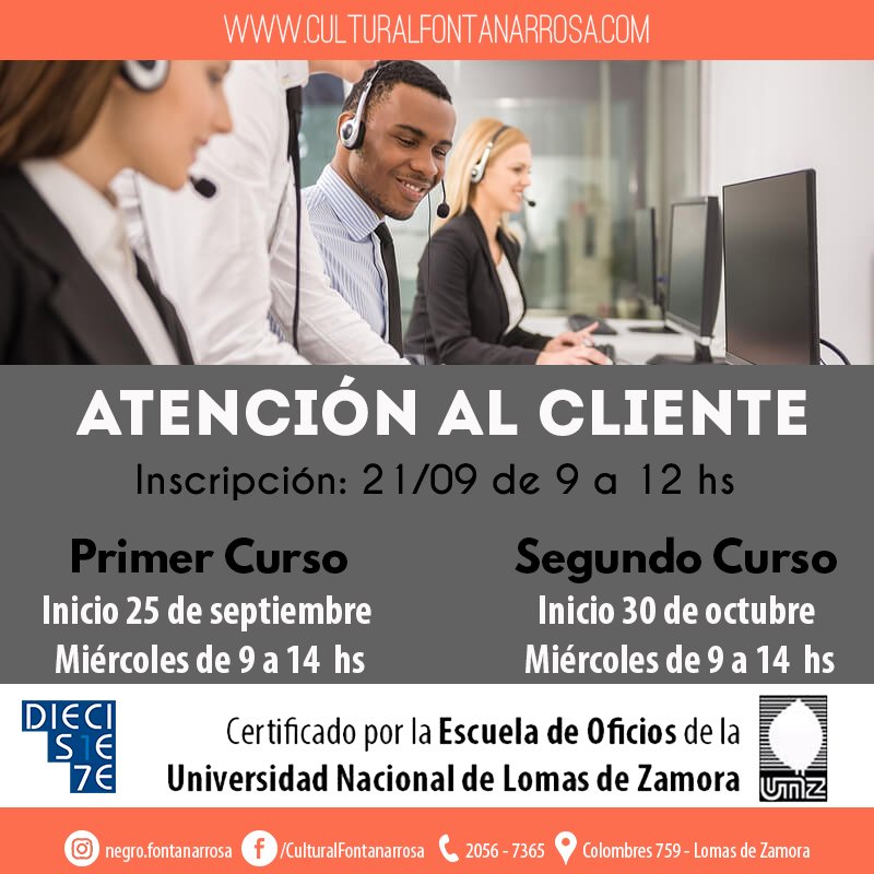 #EscueladeOficios2019 📆🛠️

Les informamos que dictaremos dos #cursos de #AtenciónAlCliente en el Centro Cultural Negro Fontanarrosa.

La inscripción se realizará el 21 de septiembre, de 9 a 12 hs. en el Centro Cultural con DNI, original y fotocopia.

¡Te esperamos!