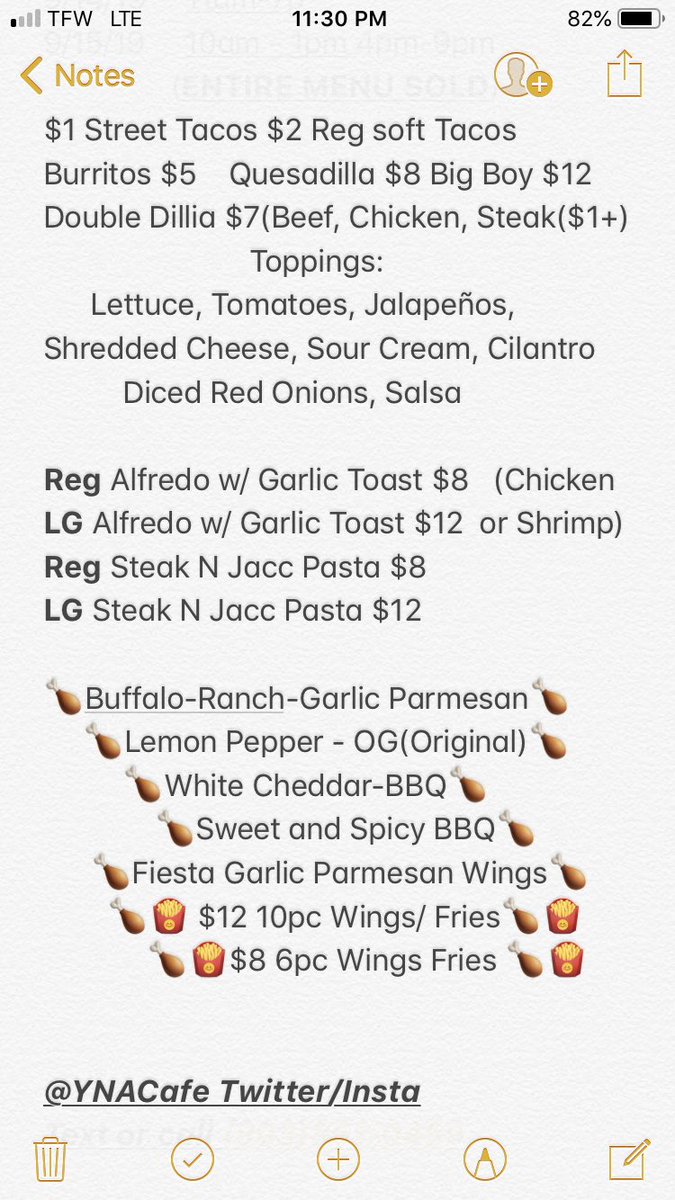 YNACafe17's tweet photo. #Denton #TWU #UNT #Tacos #Wings #Alfredo #PhillyCheese #Pasta #Chicken #Shrimp #Steak #yummy #YNACafe #YoungNAmbitiousCafe #ChefBlaccEyePeas #FromScratch https://t.co/RL6UpJhP83