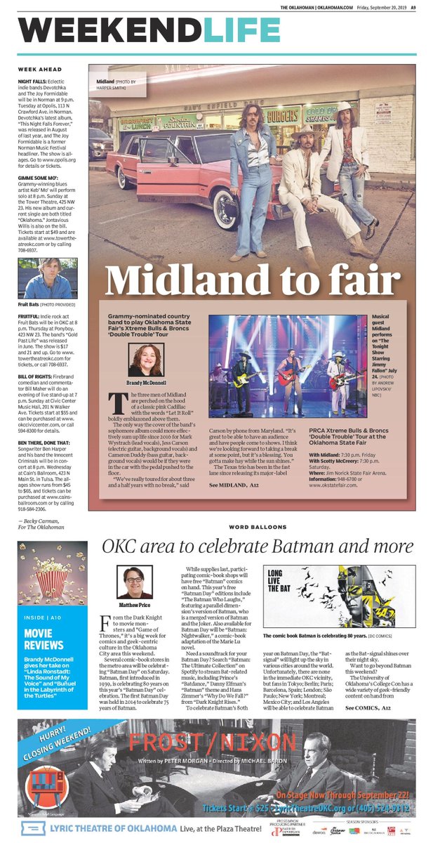 BAMOK's tweet image. #Countymusic fans: Check out @MidlandOfficial on the cover of @TheOklahoman's #WeekendLife section ahead of their show tonight at @okstatefair. #pickitup #checkitout