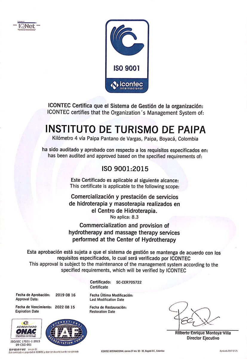 Nuestro Instituto de Turismo de Paipa, ha recibido la certificación internacional ICONTEC ISO 9001/ 2015, por la comercialización y prestación de servicios de hidroterapia y masoterapia. 

Nos sentimos orgullosos de este gran equipo, mil felicidades. 

#DescansarAquíTeHaceBien