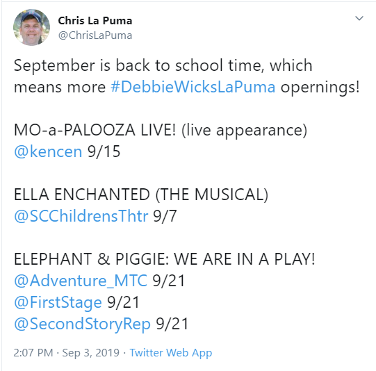 ChrisLaPuma's tweet photo. Not one, not two, but THREE fabulous productions of ELEPHANT &amp; PIGGIE'S: WE ARE A PLAY! open this weekend!

#WeAreinaPlay #Seattle #Milwaukee #WashingtonDC #MoWillems #DebbieWicksLaPuma https://t.co/pKhlt3zbQg