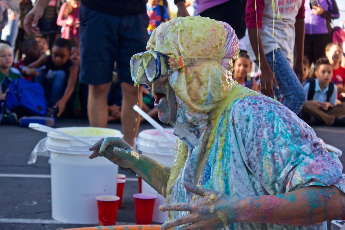 LOMA_ESS's tweet photo. Our principal let those who joined PTA to pour slime on her!!!! Our ROAR Rally was awesome this morning! #AttendConnectBelongLMSV https://t.co/zv41ytTkiO