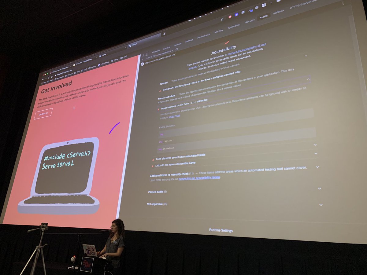 jordangee's tweet image. Love seeing a live demo from @__RandomJo__ of using #chrome accessibility audits to improve her own non-profit website #DevFestSGF 😍